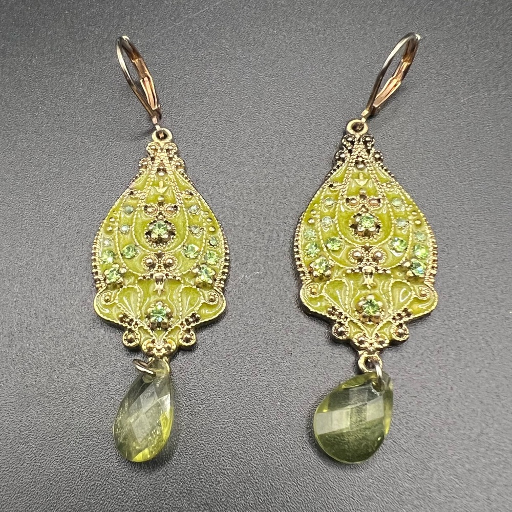 Gold Tone and Green Dangle Earrings Intricate Delicate Ornate